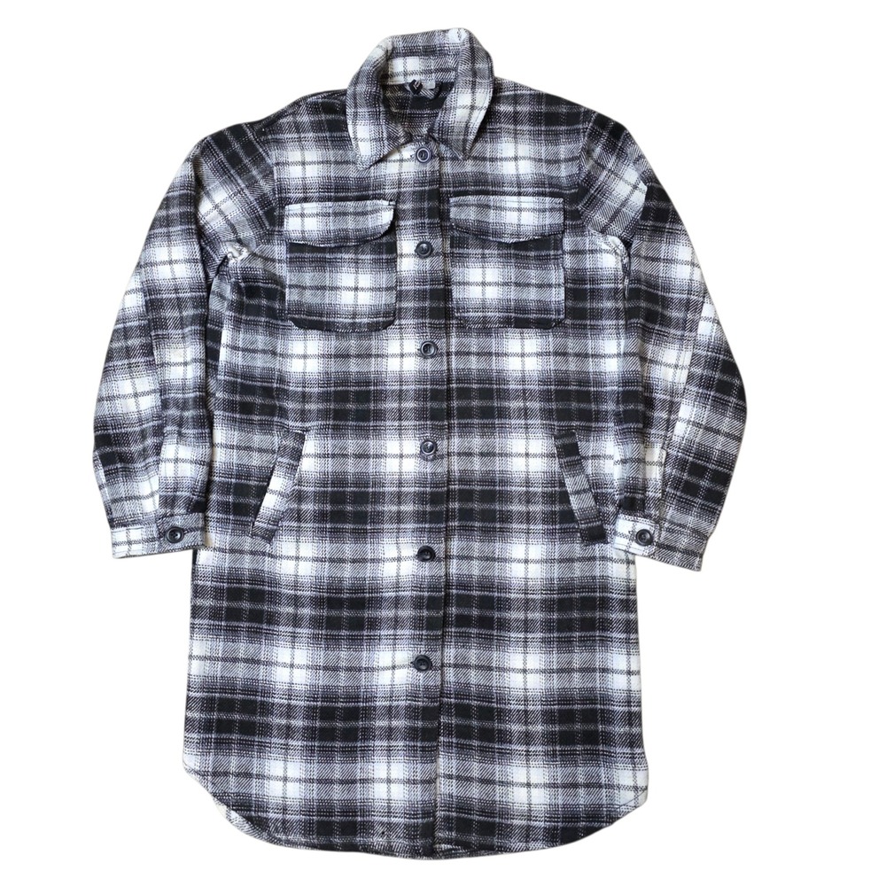 H&M Divided Shacket Black & White Plaidβ Flannel Long Jacket Coat Size XS